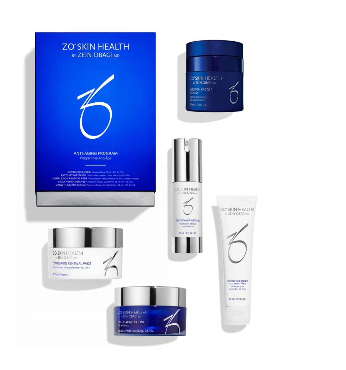 ZO Skin Health by Zein Obagi MD Anti-Aging Program — gentle cleanser, exfoliating polish, complexion renewal pads, daily power defense, and growth factor serum