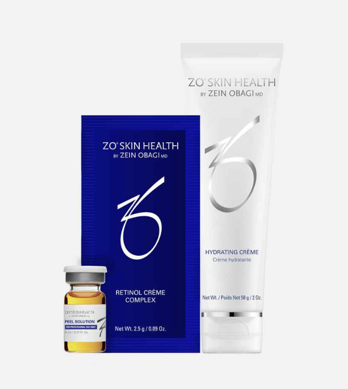 ZO Skin Health regimen — Retinol Crème Complex, Hydrating Crème, and a professional Peel Solution